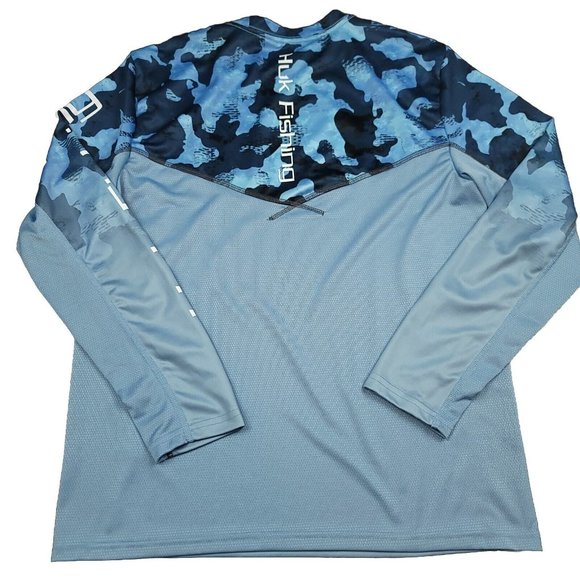 HUK‎ Mens S Performance Fishing Shirt Angler Small Blue Camo Long Sleeve Mesh - Picture 3 of 10